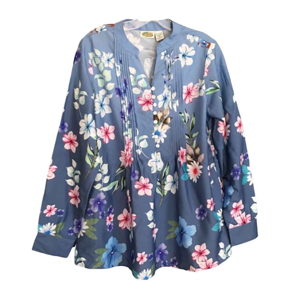 Collections ETC Blue Floral Long Sleeve Tunic Sz M